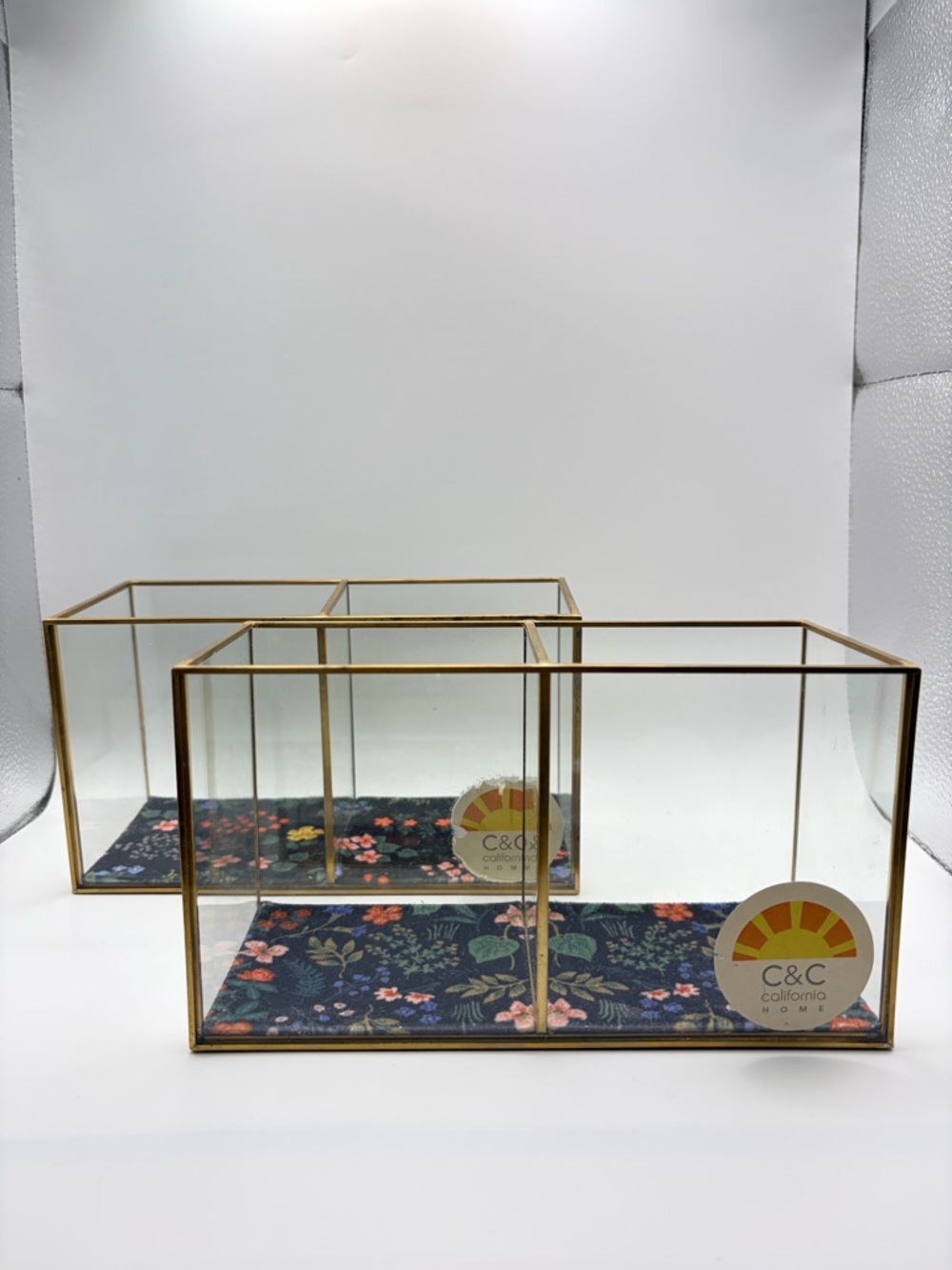 C&C California Gold Framed Glass Desk or Makeup Organizers Set of 2 Floral Boho